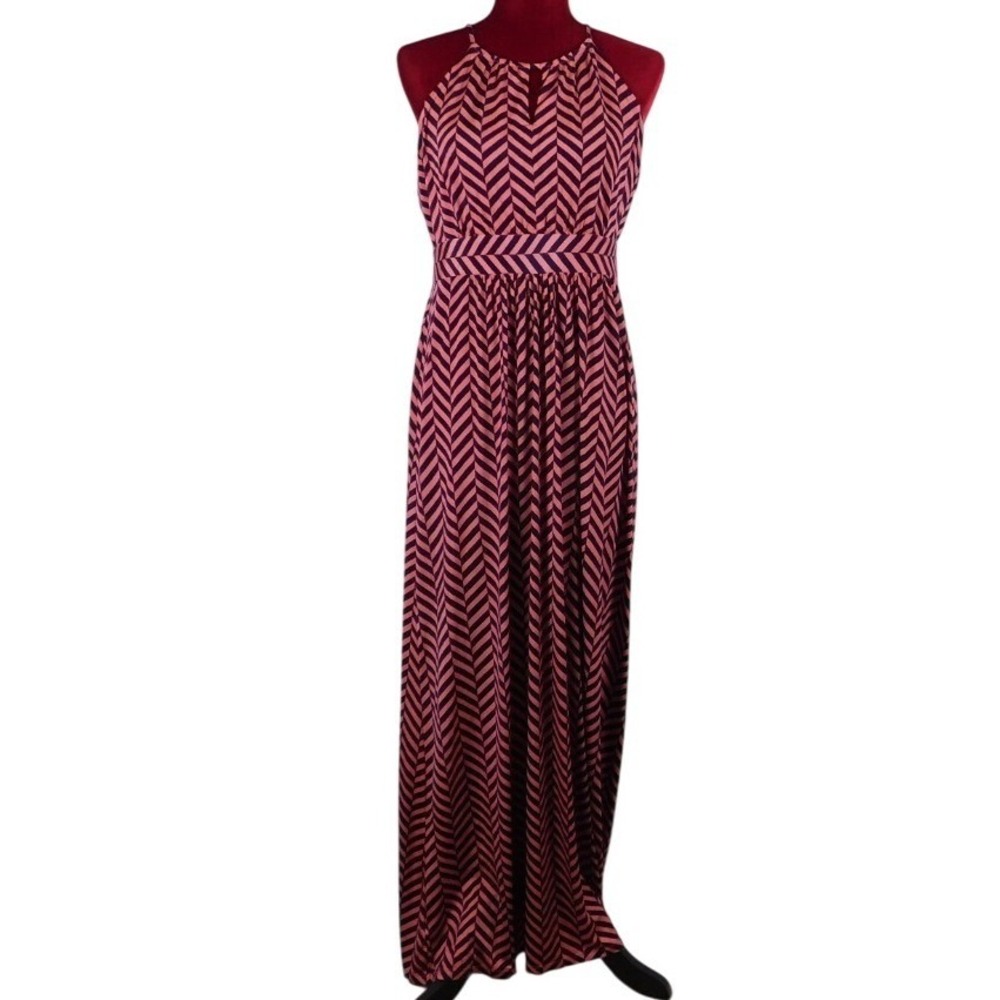 Loft Halter Maxi Dress Pink Black Chevron Loose Fitting Comfort Stretch DWW25